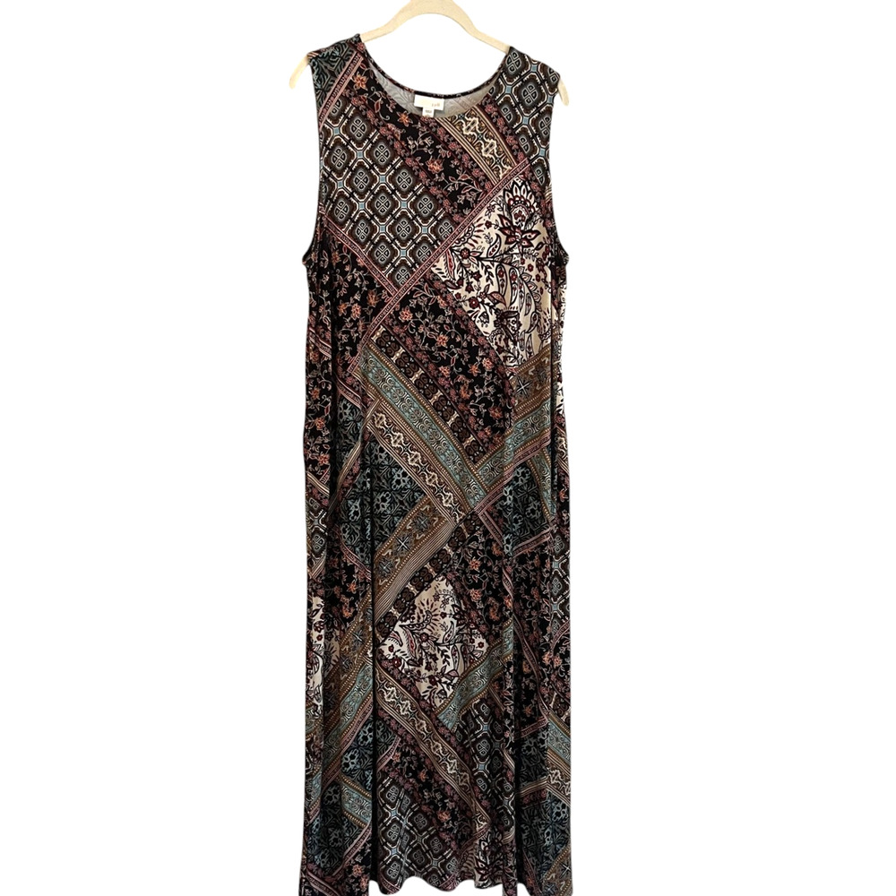 J Jill Womens Patchwork Maxi Dress Petite Large Burgundy Teal Boho Mixed Print